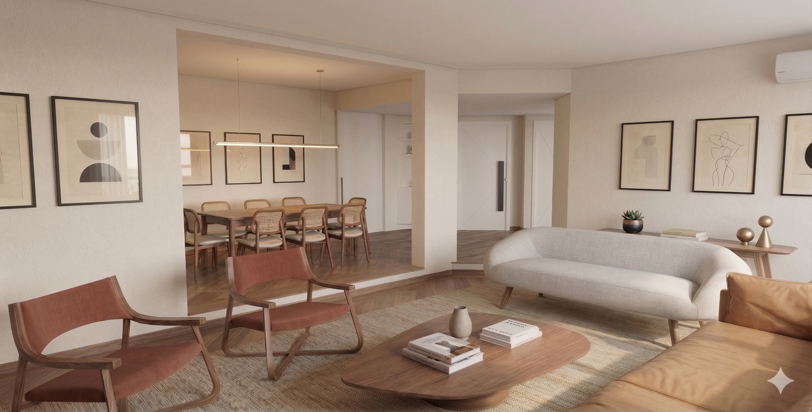 Render do projeto: sala de estar integrada à sala de jantar