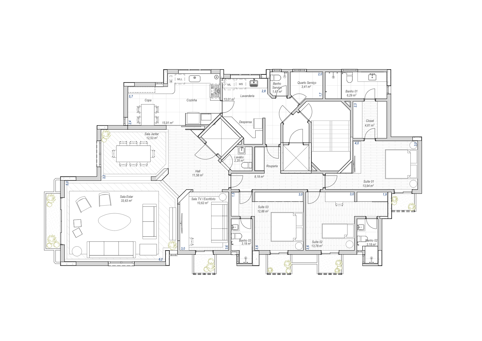 Planta baixa do apartamento 31, 202 m², com cotas e áreas de cada ambiente